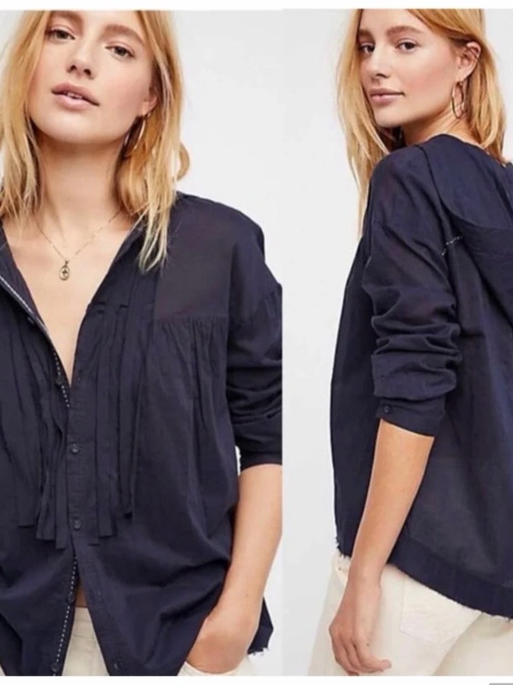 Free People Breezy Hooded Shirt Navy Blue Cotton Gauze Raw Edge Top Size M